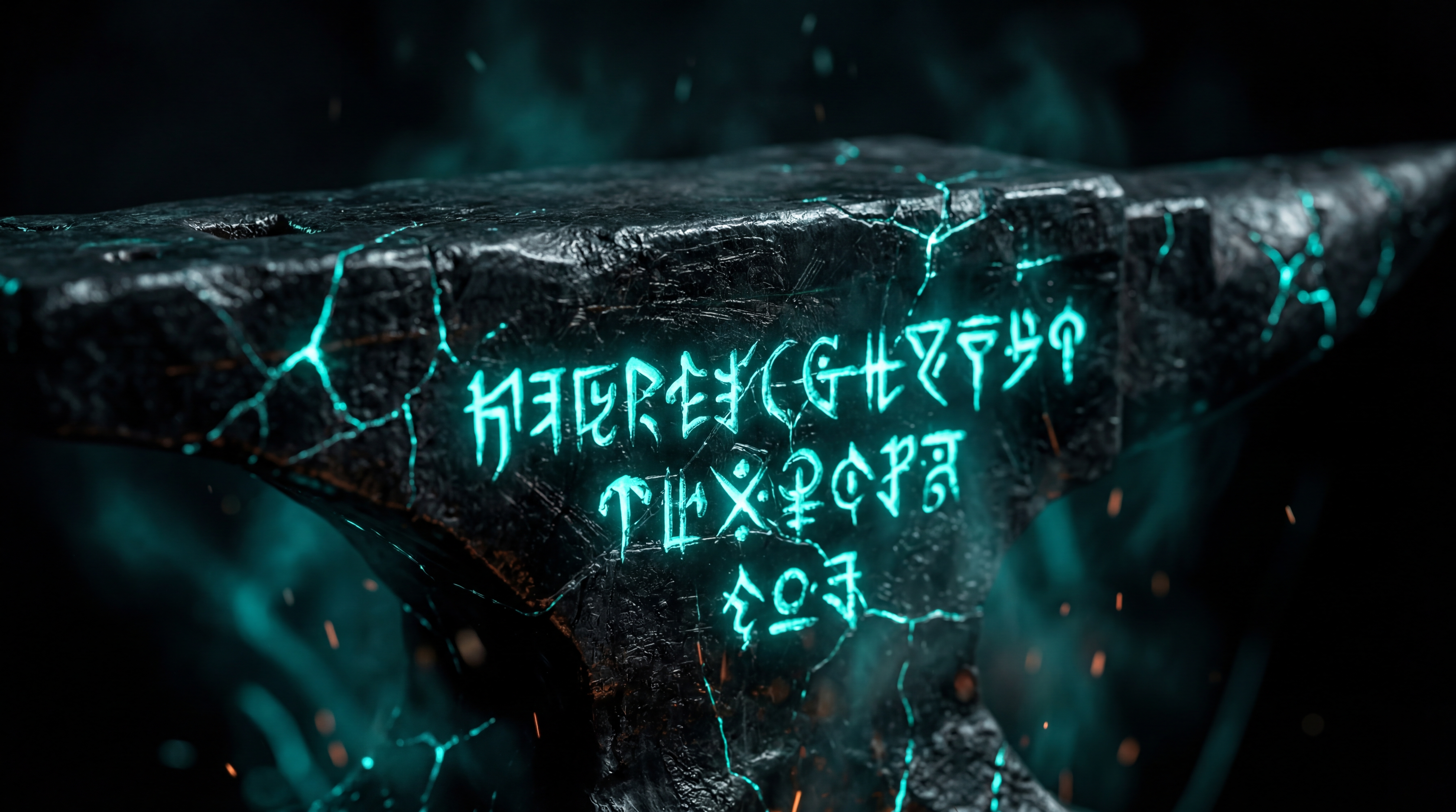 Mythic forge anvil with teal runes and lightning